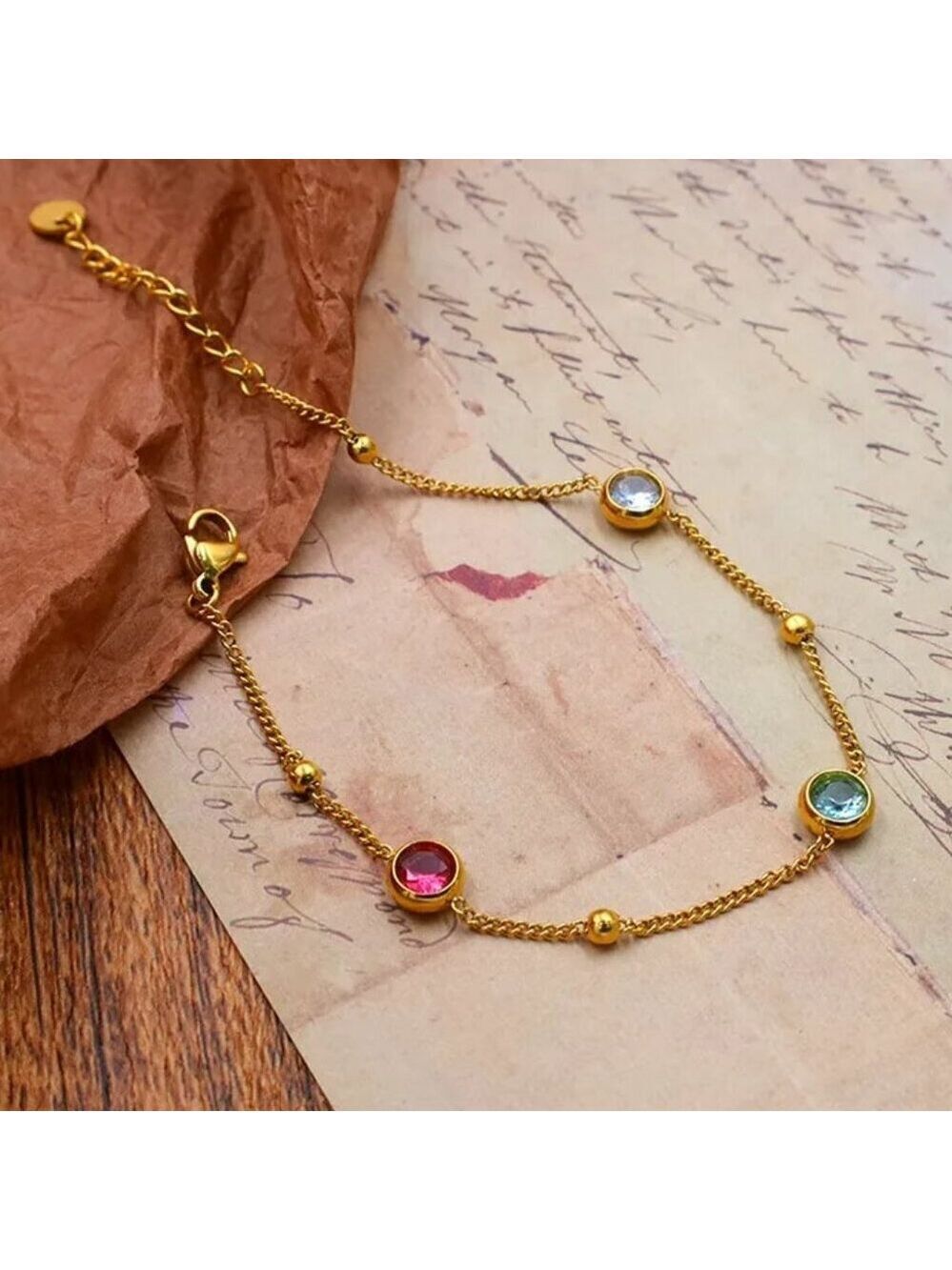 18K Gold Plated Bezel Station Bracelet with Multicolor Zircon Accents